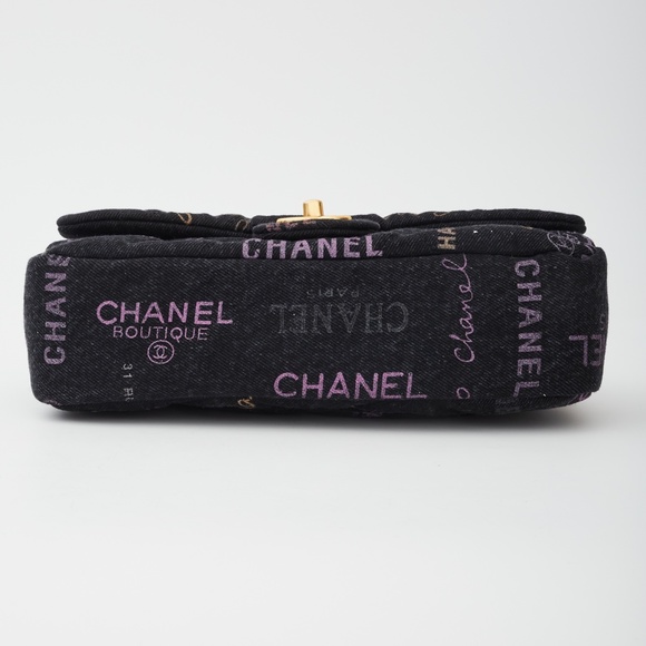 CHANEL PRINTED LOGO BLACK DENIM LARGE GRAFFITI FLAP BAG (2021) - Picture 4 of 9